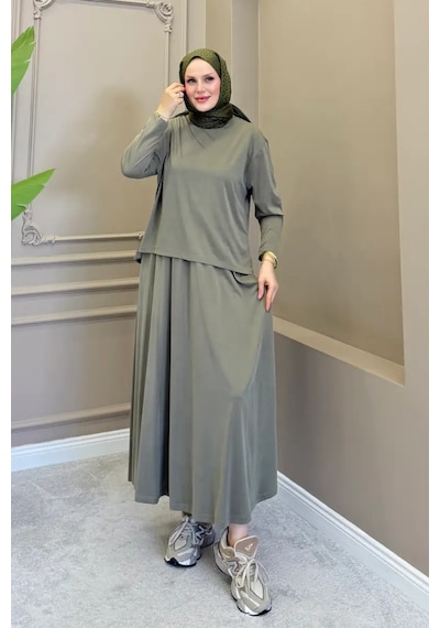 Balenbi Kadın Modal Kumaş Rahat Kalıp Lastikli Bel Etekli Tesettür Takım 1221 - Premium Seri Haki Balenbi Kadın Modal Kumaş Rahat Kalıp Lastikli Bel Etekli Tesettür Takım 1221 - Premium Seri Haki