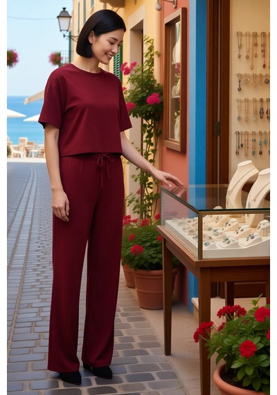 Benerly Kadın Büyük Beden Relaxed Kesim Kısa Kollu Bisiklet Yaka Ribana Ö Bordo