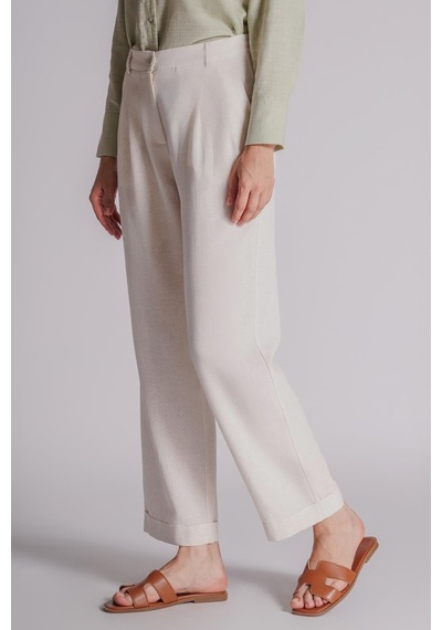 Braccas Kadın Keten Karışımlı Beli Yarım Lastikli Çift Pilili Duble Paça Pantolon Naturel Naturel