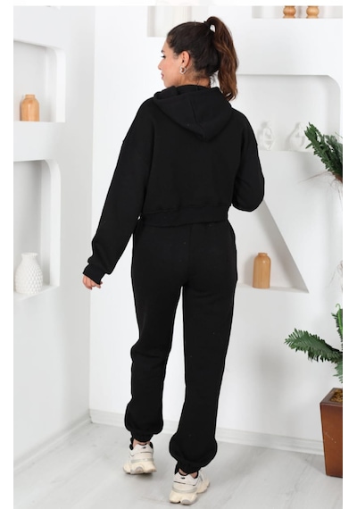 İs Bercete İs Berceste Beli Lastikli Kapüşonlu 3 İplik Siyah Kadın Sweat Alt Üst Takım Siyah İs Bercete İs Berceste Beli Lastikli Kapüşonlu 3 İplik Siyah Kadın Sweat Alt Üst Takım Siyah