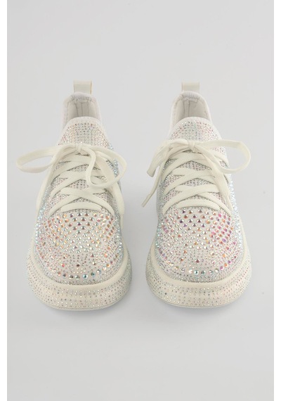 Mubiano Kadın Sneaker Taş Detaylı Kalın Tabanlı Diamond Beyaz Beyaz