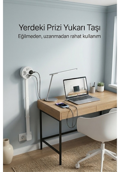 Teleskopik Çoklu Priz 3 Lü Topraklı + Usb-c & Usb-a, Yükseklik Ayarlı, Işıklı Anahtarlı Uzatma Prizi 0.7 M