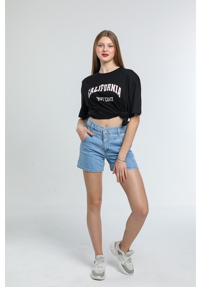 Kadın Bisiklet Yaka Regular Fit Californıa Baskılı Tişort Spr21y 001