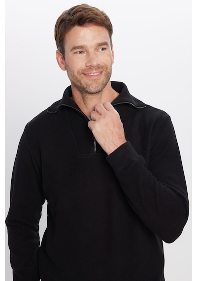 Tudors Unisex Relax Fit Rahat Kesim Fitilli Desenli Pamuklu Yarım Fermuarlı Siyah Dik Yaka Sweatshirt-31986 Siyah