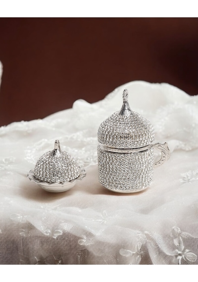 Finn Taşlı Damat Kahve Fincanı Ve Lokumluk Gümüş Gümüş