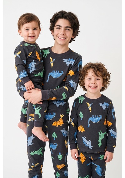 Zuzunga Dinozor Desenli Siyah Uzun Kollu Erkek Çocuk Pijama Takımı Antrasit