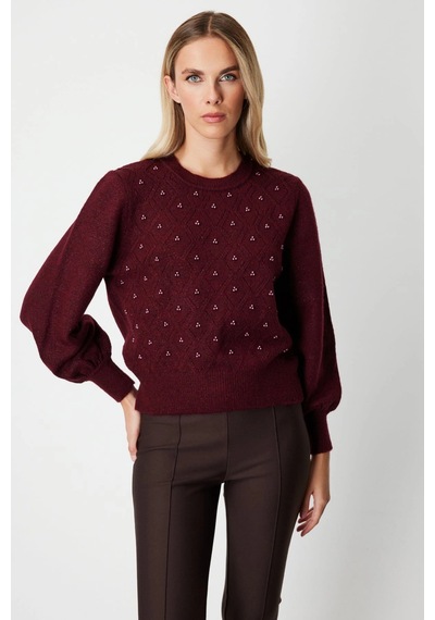 On Fashion Kadın İncili Baklava Desenli Bordo Kazak 63316 Bordo