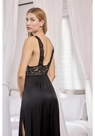 Ang Butik Kadın Göğüs Ve Sırt Dekolteli Dantelli Sabahlık Takımı Siyah