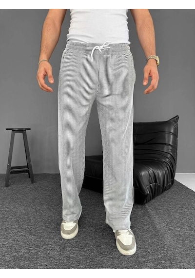 Su Yolu Çizgili Cepli Pantalon Yazlık - Gri -