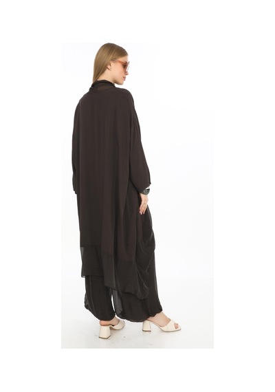 Bohem Stil Italyan Ipek Detaylı Oversize Kap Bluz- Wes Pantolon Takım-8863 Koyu Kahve Kahverengi