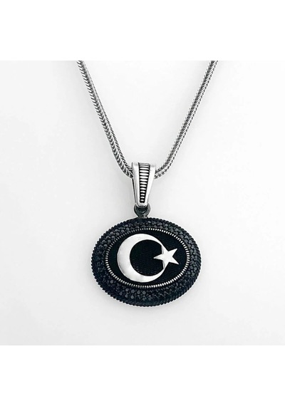 925 Ayar Gümüş Siyah Taşlı Ayyıldız Erkek Kolye Gümüş