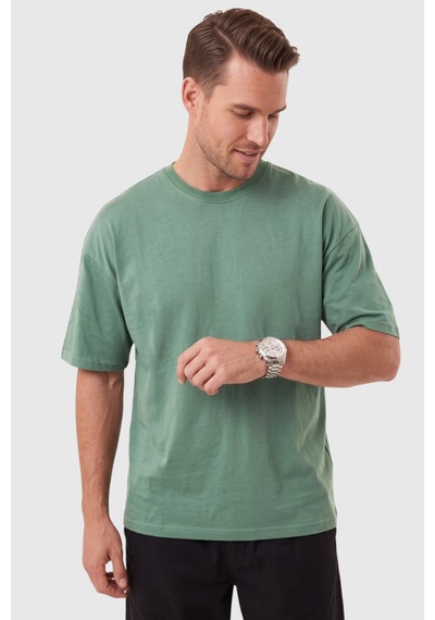 Rizzup Erkek %100 Pamuk Oversize Geniş Kesim Bisiklet Yaka Basic Açık Yeşil Tişört 2604362