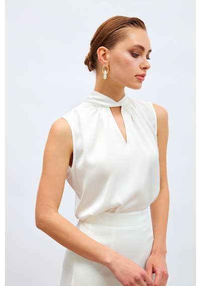 Sateen Yaka Detaylı Saten Bluz - Ekru-133184