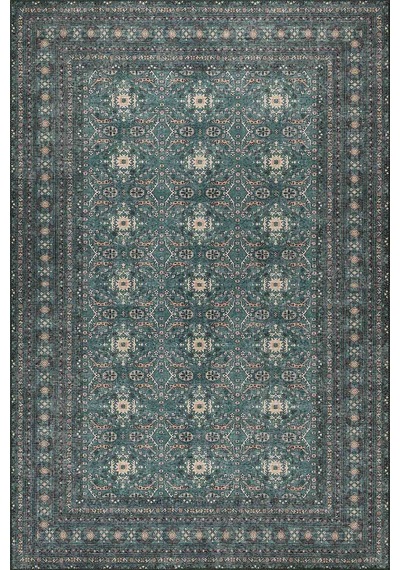 Artloop Relic Yeşil Vintage Dokulu Geleneksel Desenli Dokuma Tabanlı Şönil Halı Al 481 Zümrüt Yeşili - Krem