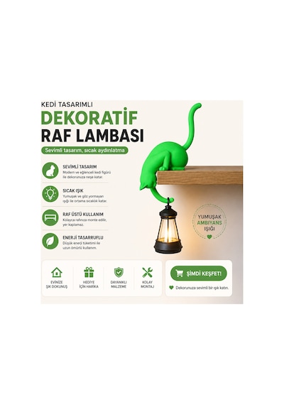 Modern & Şık - Minimalist Kedi Tasarımlı Dekoratif Raf Lambası Gece Lambası Açık