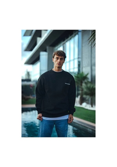 Erkek 3 İplik Pamuklu Bisiklet Yaka Oversize Baskılı Sweatshirt - Siyah
