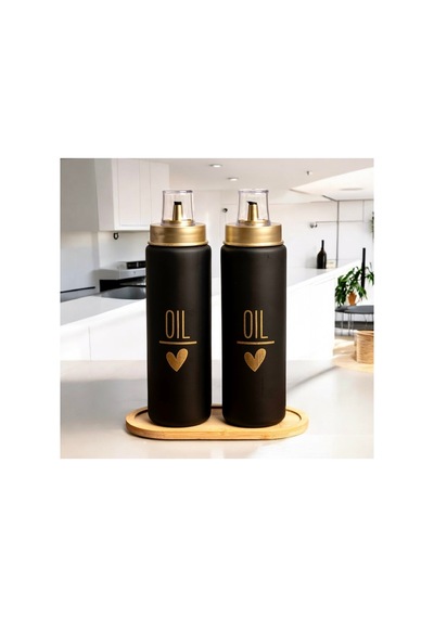 Bambu Standlı 2 Li Damlatmaz Kapaklı Siyah Cam 550 Ml Oil Yağdanlık Yağlık Set Siyah 691500954 Siyah