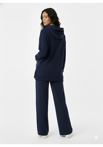 Soft&Basic Kapüşonlu Yanları Çıt Çıt Detaylı Sweatshirt Ve Nervürlü Pantolon Alt Üst Takım Lacivert