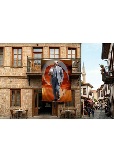 Atatürk Baston Ve Fotor Şapkasiyla Poster Bayrak Premium Raşel Kumaş 300x450cm Ata74 Diğer