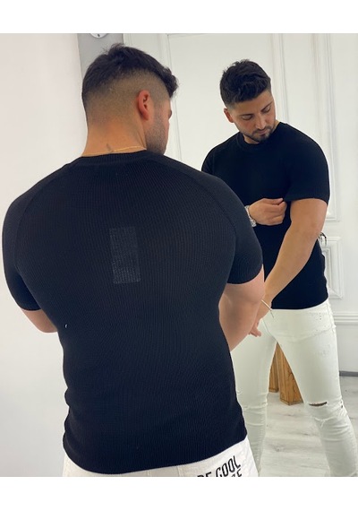 Örme Triko Tişört Kısa Kollu Triko Slim Fit Dar Kesim T-shirt Siyah