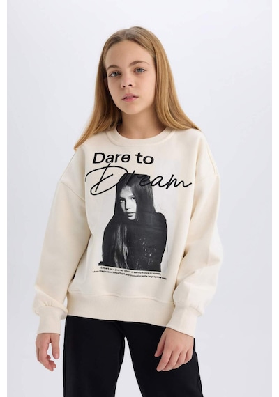 DeFacto Kız Çocuk Oversize Geniş Kalıp Bisiklet Yaka Baskılı Sweatshirt D5452A824WNER233 Ekru