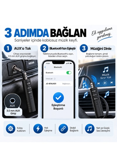 Bluetooth Aux Araç Kiti 5.0 3.5 Mm Adaptör Type-c Şarjlı Mikrofonlu