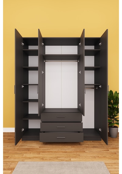 Asra Trend 4 Kapaklı Gardırop G-02 %100 MDF 3 Çekmeceli Fonksiyonel Elbise Dolabı Antrasit Asra Trend 4 Kapaklı Gardırop G-02 %100 MDF 3 Çekmeceli Fonksiyonel Elbise Dolabı Antrasit
