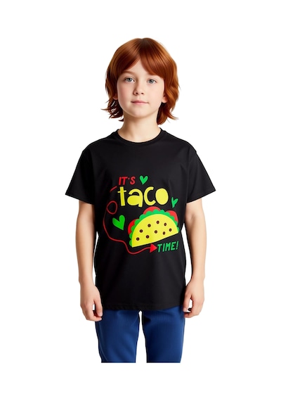 Paybuy Çocuk Tişört Taco Zamanı Baskılı Renkli Grafik Desenli Kısa Kollu Siyah