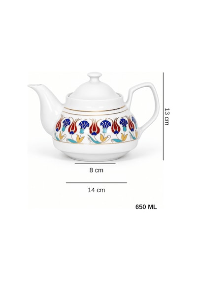 650 Ml Lale Desenli Porselen Demlik Kapaklı Şık Çay Demliği Üst Demlik Beyaz
