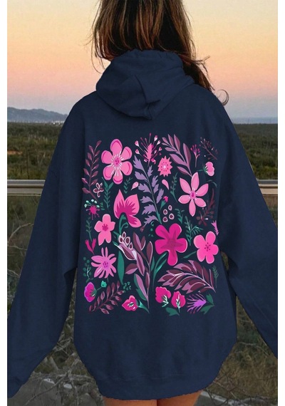 Uyguntarz Bahar Esintisi Çiçek Baskılı Oversize Sweatshirt Lacivert