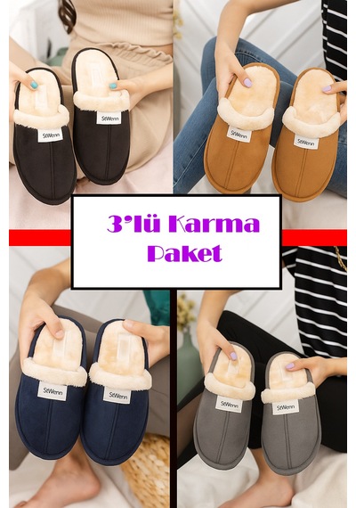 Stwenn 3 Lü Avantajlı Paket Kışlık Peluş Desenli Sessiz Ortopedik Taban Çeyiz Misafir Ev Terliği Set 3'lü Ucc Terlik