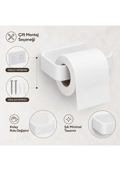 Beyaz Lamalı Tuvalet Kağıtlığı, Wc Kağıt Askılığı, Hem Yapışkanlı Hem Vidalı Montajlı, Açık Uç Tasarımlı Banyo Tuvalet Kağıdı Tutucu