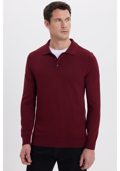 Tudors Erkek Standart Fit Normal Kesim Pamuklu Polo Yaka Bordo Kazak-41883 Bordo