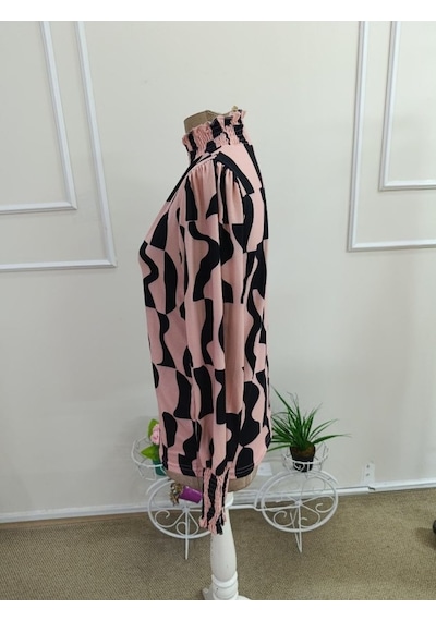 Kadın Uzun Kollu Balıkçı Yakalı Desenli Süprem Bluz Pembe