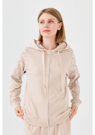 Desen Triko Kadın Triko Taş Baskılı Kapüşonlu Yazlık Sweatshirt Bej Bej