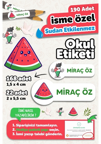 Okul Etiketi Kalem Defter İsimli Etiket Isim Yazılabilen Filistin - 190 Adet Özel Tasarım Etiket Çok Renkli