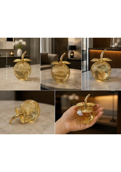 Sarı Kristal Elma Biblo Orta Boy 8.5 Cm Dekoratif Cam Elma Süsü Gold Yapraklı