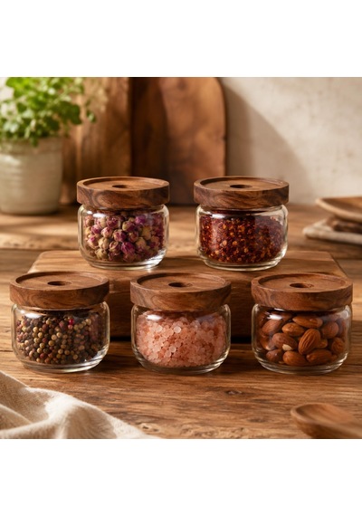 300 Ml Cam Kahvaltılık 5 Li Set, Akasya Kapaklı Şeffaf Cam Saklama Kavanozu, Kahvaltı Sunum Kabı, Zeytin Reçel Bal Kuruyemiş Sos Atıştırmalık Kavanozu Çok Renkli