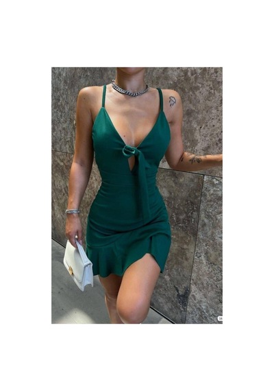 DefyModa Kadın Tasarım V Yaka Şık Elbise Zümrüt