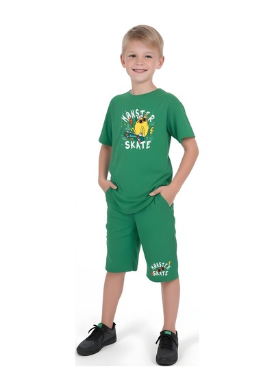 Fyk Kids Erkek Çocuk Ti Şört-şort Skate Baskili Alt-üst Takim Yeşil