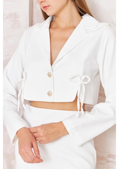 Darlin Moda Kadın Beyaz Fiyonk Detaylı Etek Ceket Takım Dm0233 Beyaz