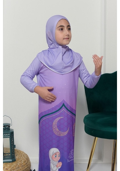 Çocuk Namaz Takımı Pratik Tek Parça Desenli Kollu Tak Çıkar Başörtülü Likralı Tesettür Elbise 6-12 Yaş 925-0201 Mor