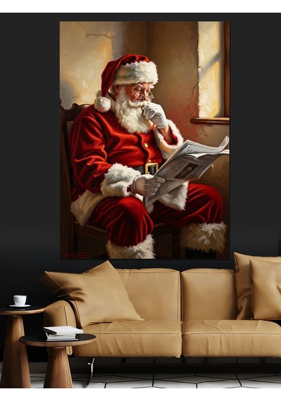 Gazete Okuyan Nostaljik Noel Baba Dekoratif Kanvas - Mdf Ahşap Tablo