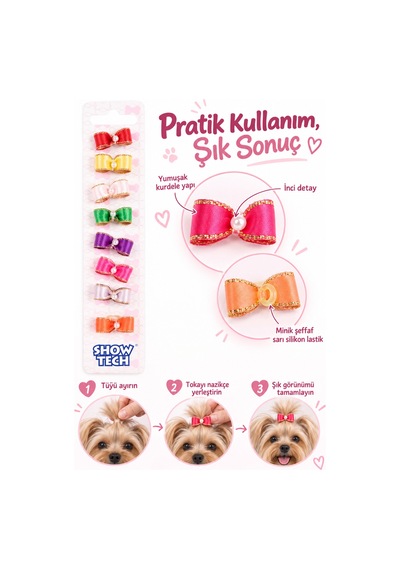 Show Tech Molly Pearl İncili Lastikli Kurdele Kedi Köpek Tokası 8 Adetli Paket