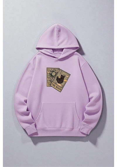 Uyguntarz Unisex The Moon Tarot Kart Tasarım Baskılı Kapüşonlu Sweatshirt Lila