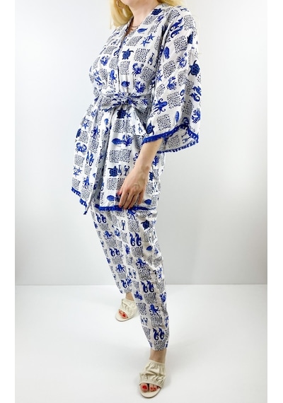 Modaonna Kadın Beyaz Deniz Desenli Keten Kimono Pantolon Takım Mavi
