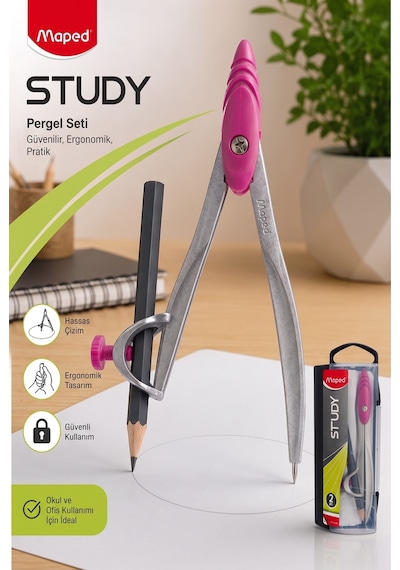 Pembe Metal Pergel Kurşun Kalemli 1 Adet Maped Study 119410 Pergel Matematik Geometri Mimari Proje Teknik Çizim
