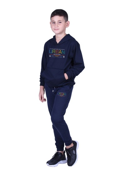 Fyk Kids Kapüşonlu Kanguru Cepli Urban Yazı Baskılı Erkek Çocuk Eşofman Takımı Lacivert