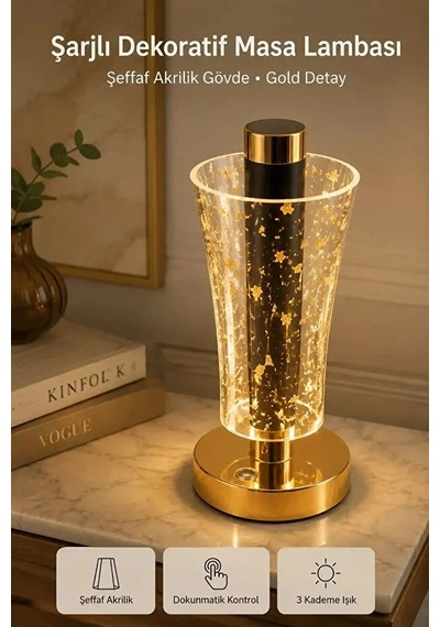 Dokunmatik Led Masa Lambası Şeffaf Akrilik Gövdeli Gold Detaylı Şarjlı Dokunmatik Led Masa Lambası 3