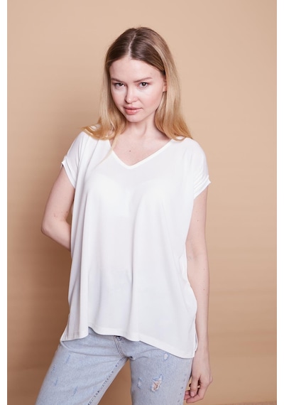 Jument Likralı Krep Kumaş V Yaka Salaş Yanı Yırtmaçlı Oversize Bluz-krem Krem